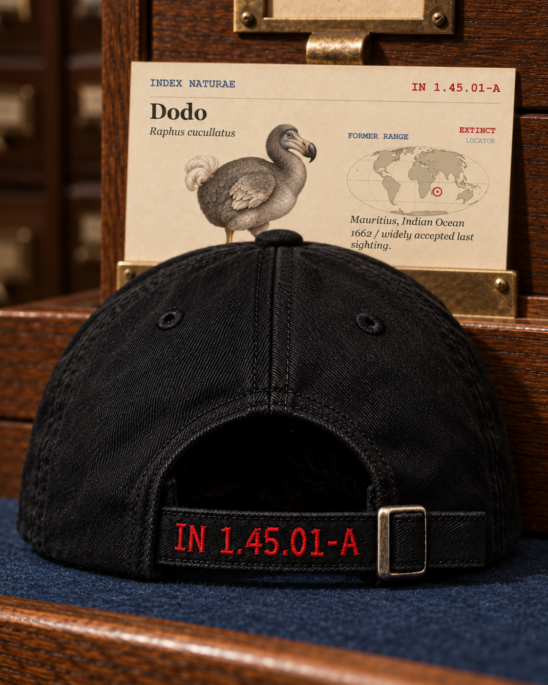 The code IN 1.45.01-A embroidered in red on the back strap beside the buckle, matching the Dodo card