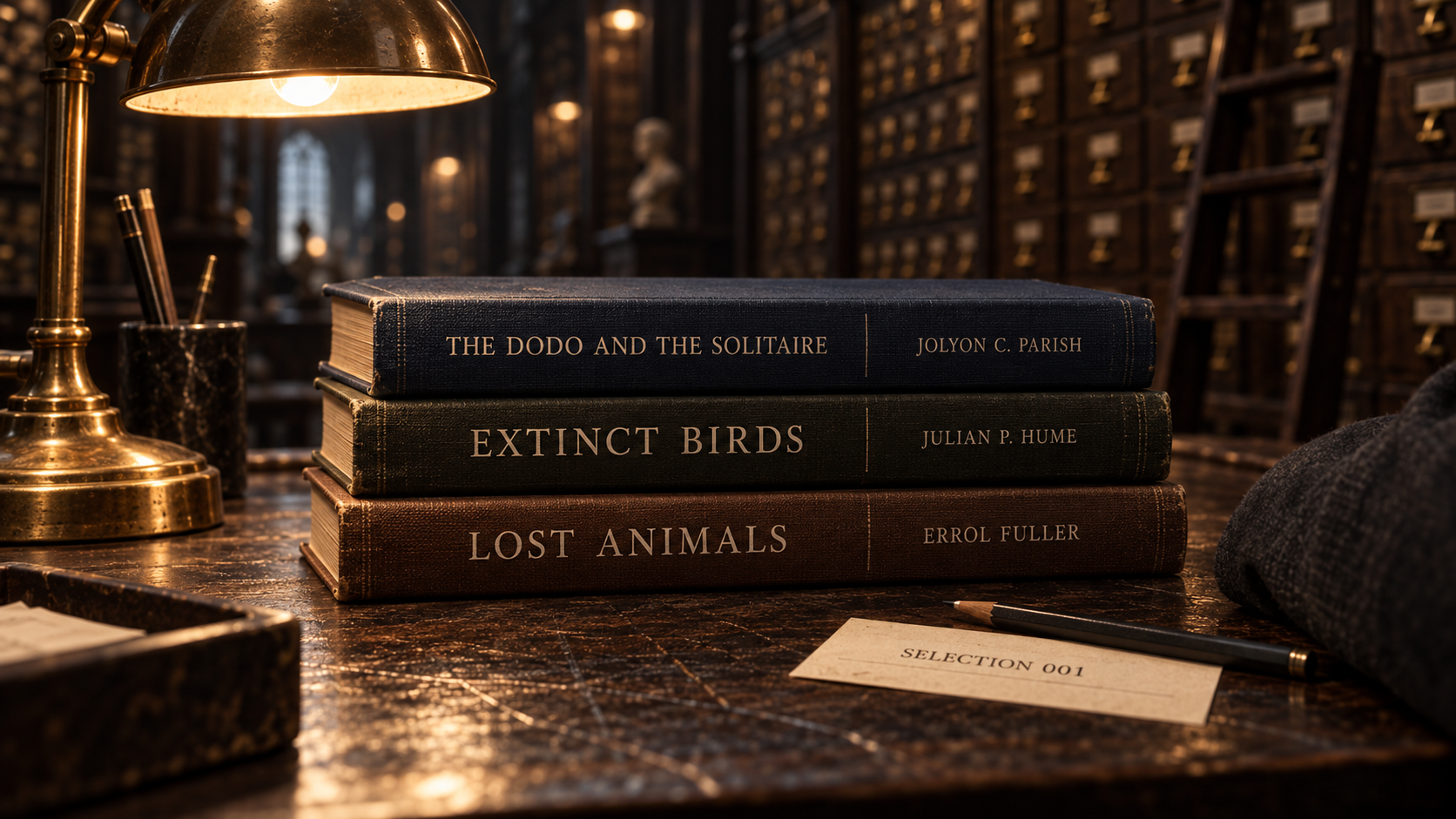 The Dodo and the Solitaire by Jolyon C. Parish, Extinct Birds by Julian P. Hume, and Lost Animals by Errol Fuller on the archivist’s table