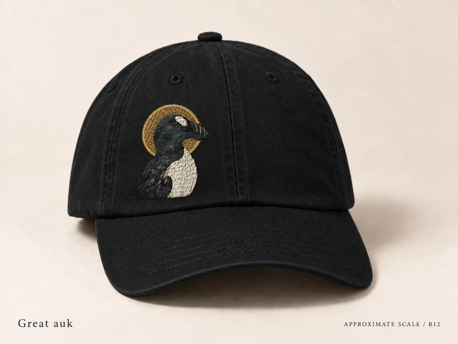 Earlier illustrative Great auk cap study; superseded design