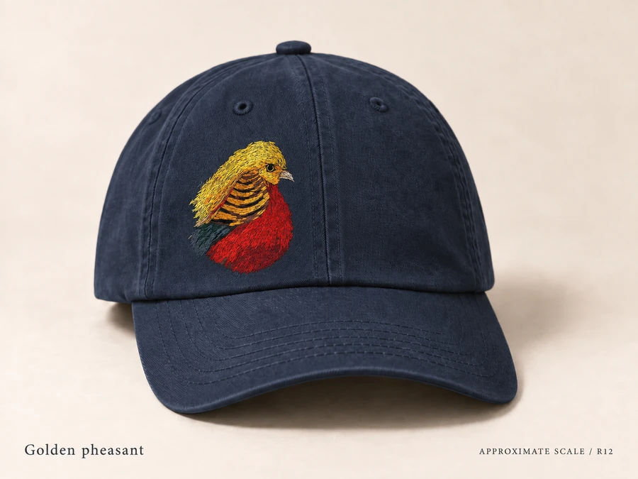 Earlier illustrative Golden pheasant cap study; superseded design