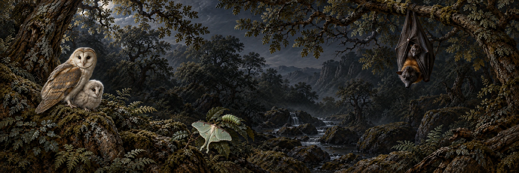 Moonlit woodland tableau with a barn owl and owlet at left, a luna moth and caterpillar below, and a flying fox carrying its pup at right.
