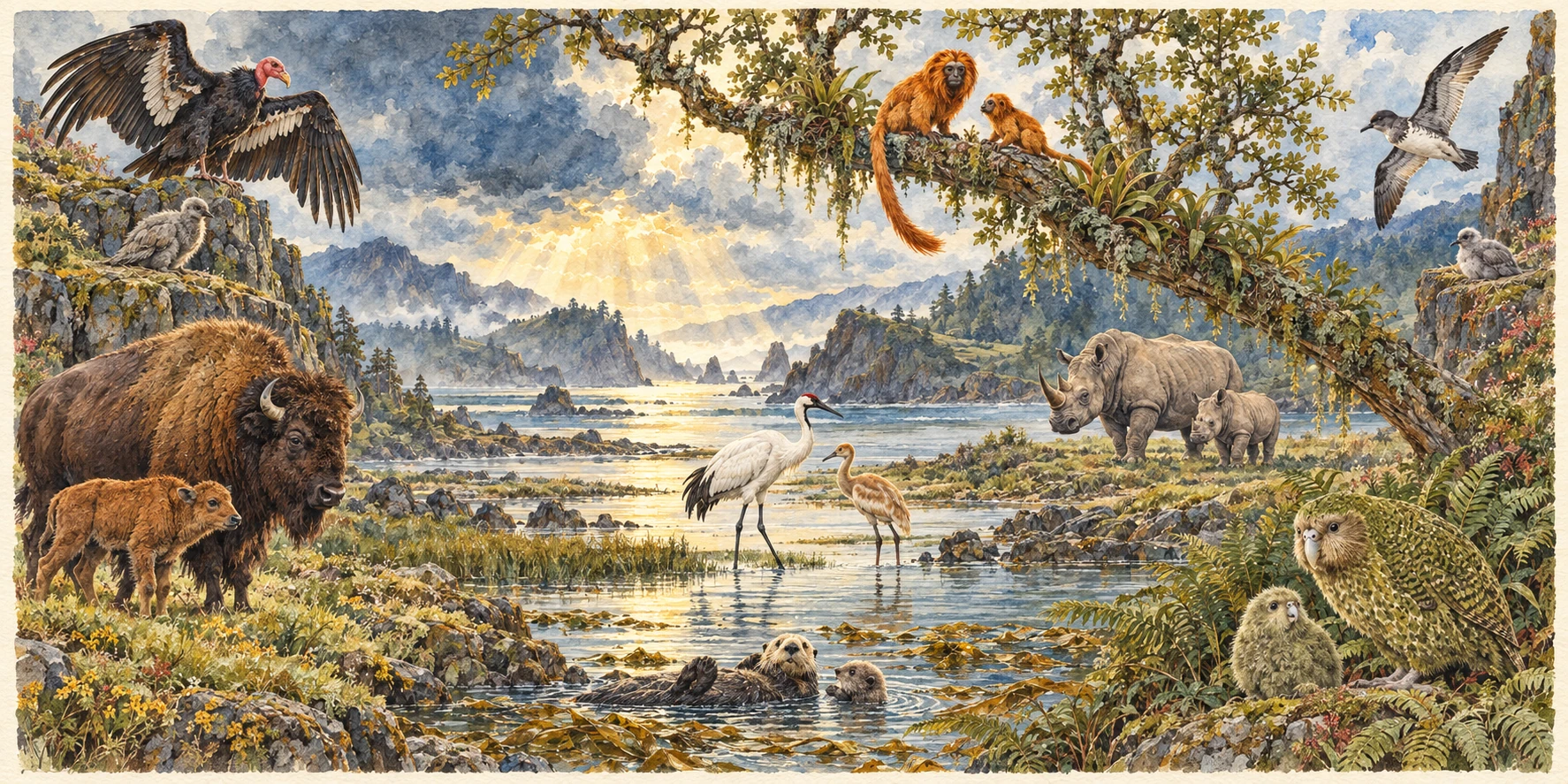 A natural-history assembly of adult and young condors, kākāpō, whooping cranes, Bermuda petrels, bison, southern white rhinos, golden lion tamarins and sea otters in a landscape after a storm.