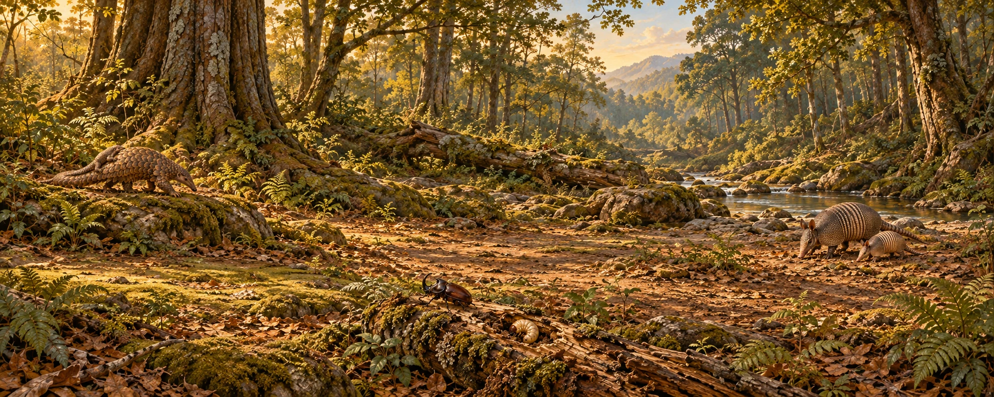 Warmly lit forest tableau with a pangolin carrying its young, adult and young armadillos, and a rhinoceros beetle and larva on a fallen log.