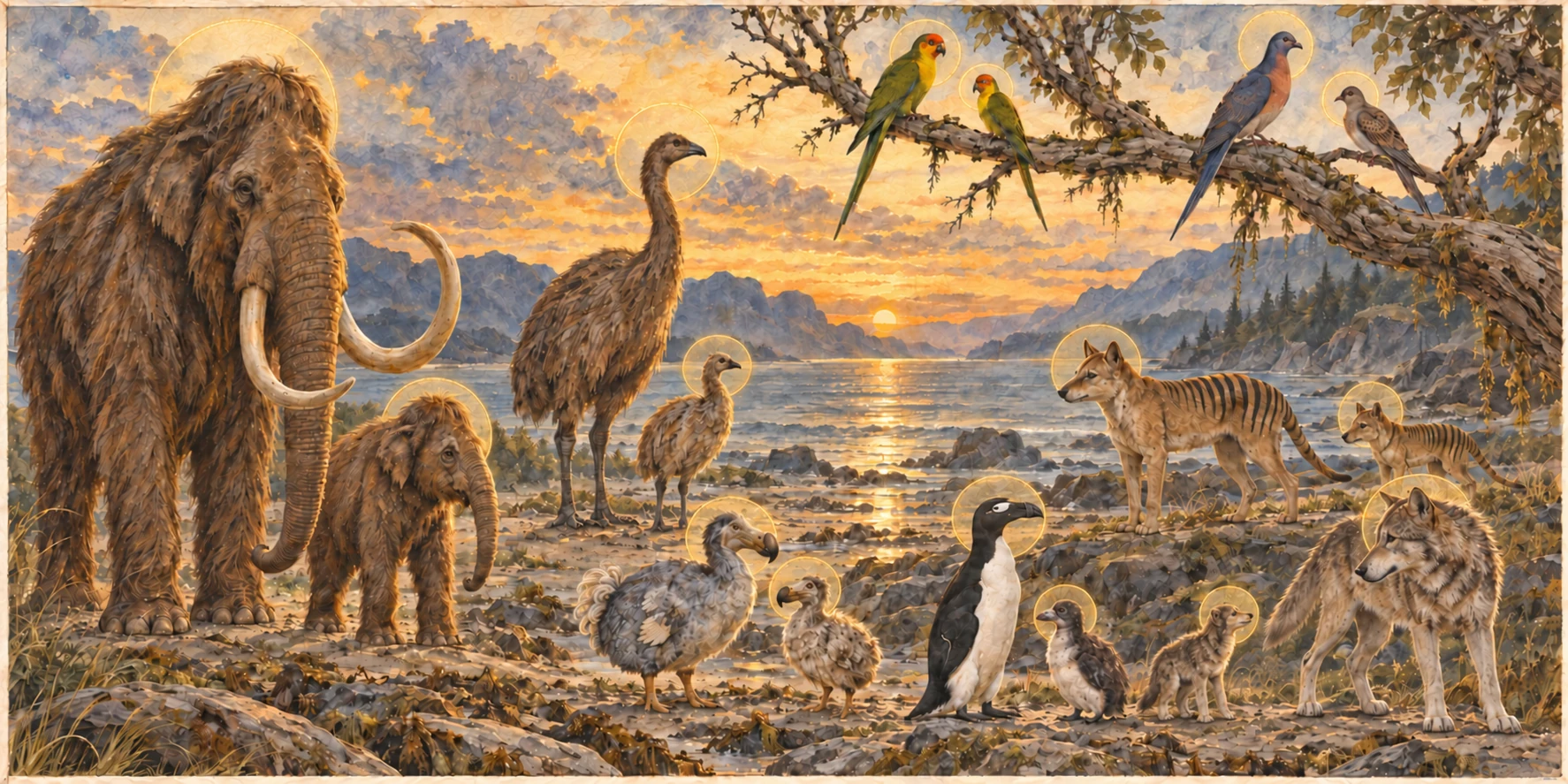 Adult and young moa, Carolina parakeets, dodos, passenger pigeons, great auks, woolly mammoths, thylacines and dire wolves, with pale gold halos around their heads.