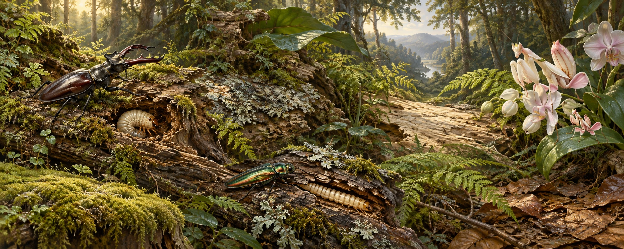 An insect-scale woodland with a stag beetle and larva, an orchid mantis and nymph among pink flowers, and a jewel beetle and larva on fallen wood.
