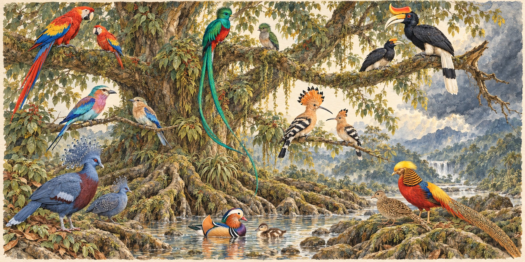 An imagined tree filled with adult and young scarlet macaws, quetzals, rhinoceros hornbills, rollers, hoopoes, Victoria crowned pigeons, mandarin ducks and golden pheasants.
