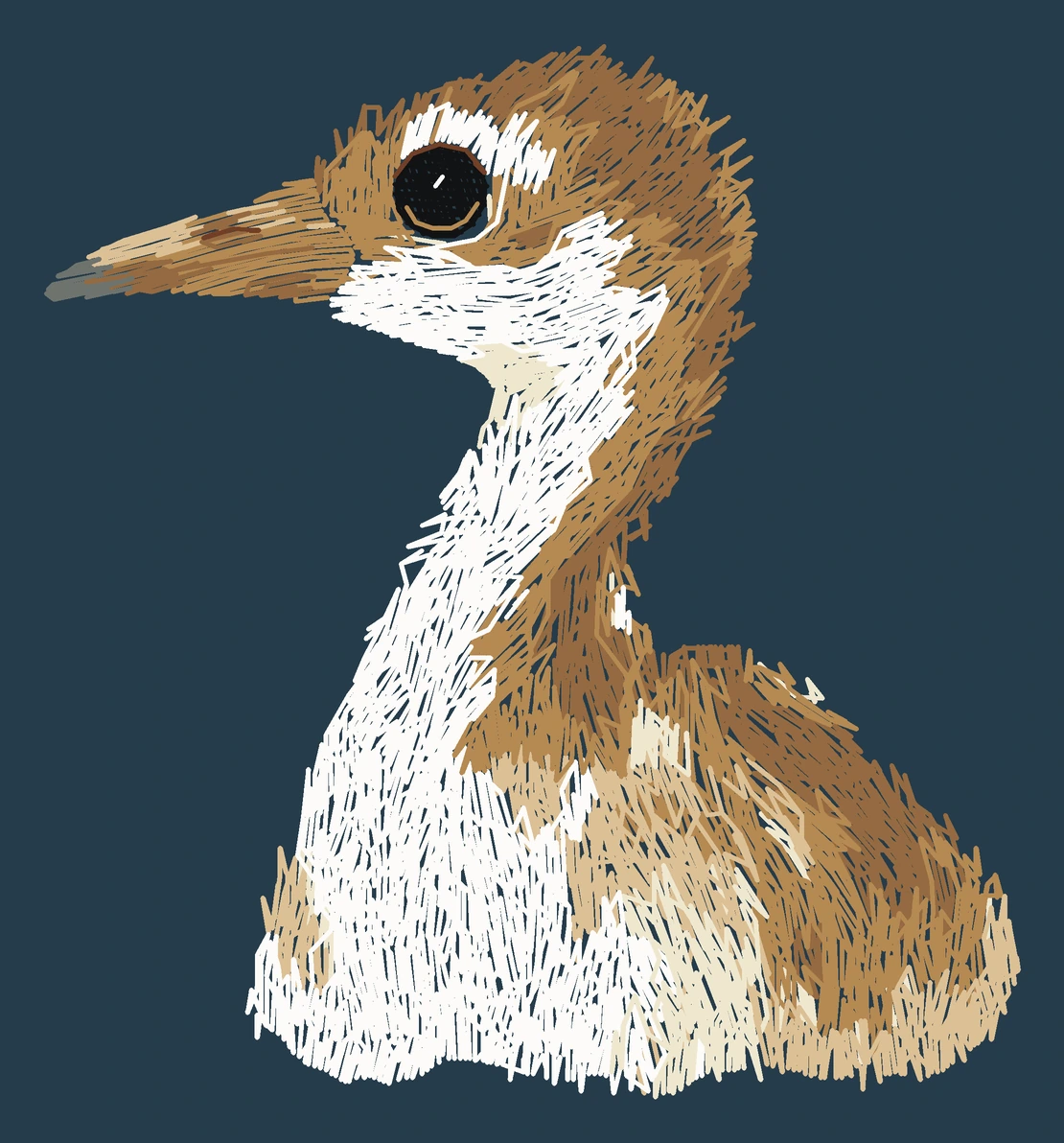 Current young Whooping crane digitized embroidery study; not a sewn sample