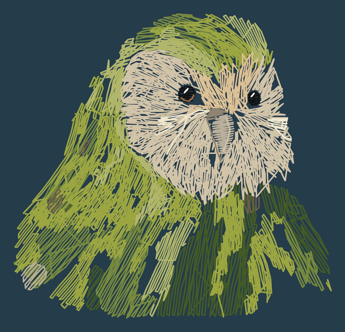 Current adult Kākāpō digitized embroidery study; not a sewn sample