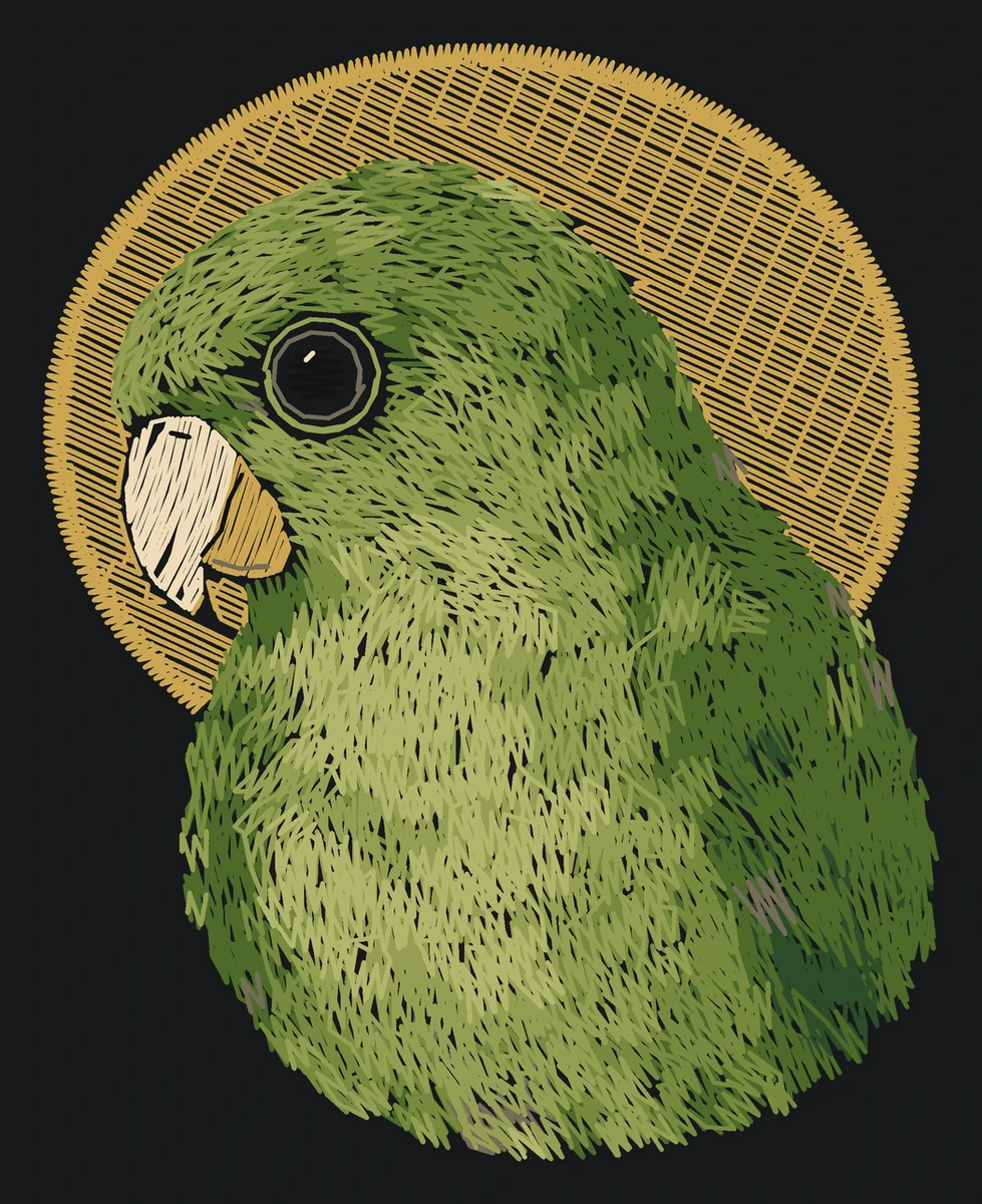 Current young Carolina parakeet digitized embroidery study; not a sewn sample