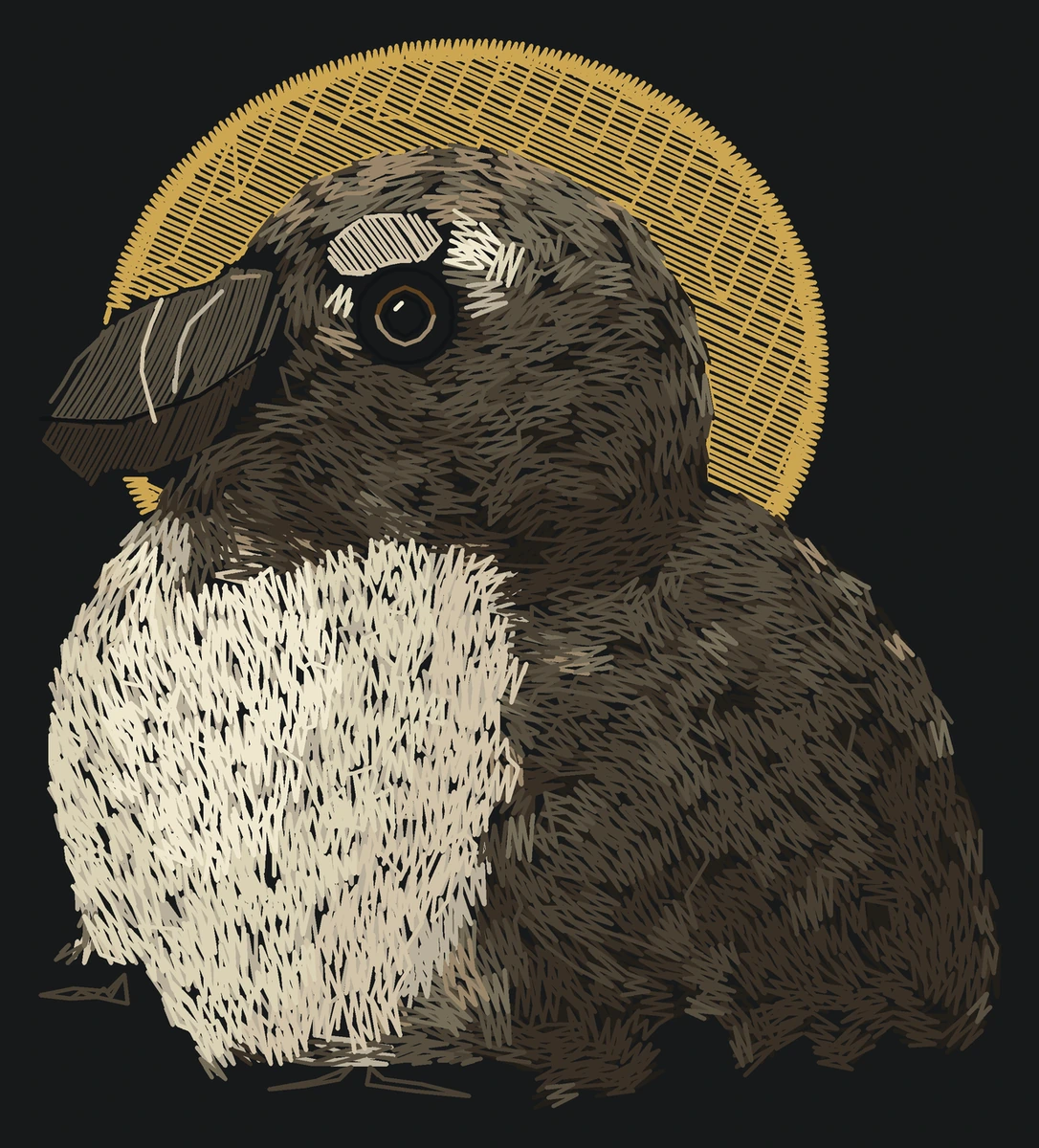 Current young Great auk digitized embroidery study; not a sewn sample