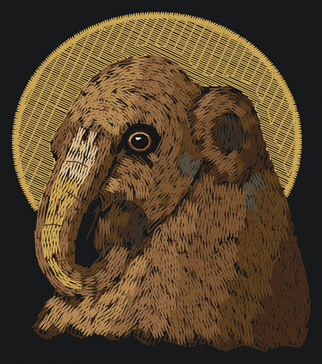 Current young Woolly mammoth digitized embroidery study; not a sewn sample
