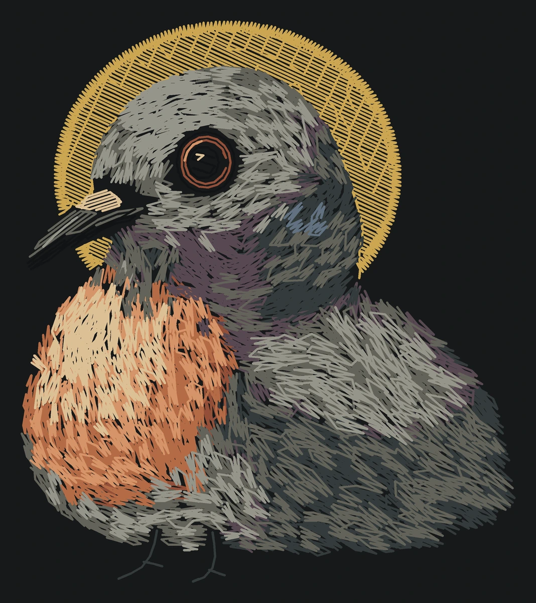 Current young Passenger pigeon digitized embroidery study; not a sewn sample