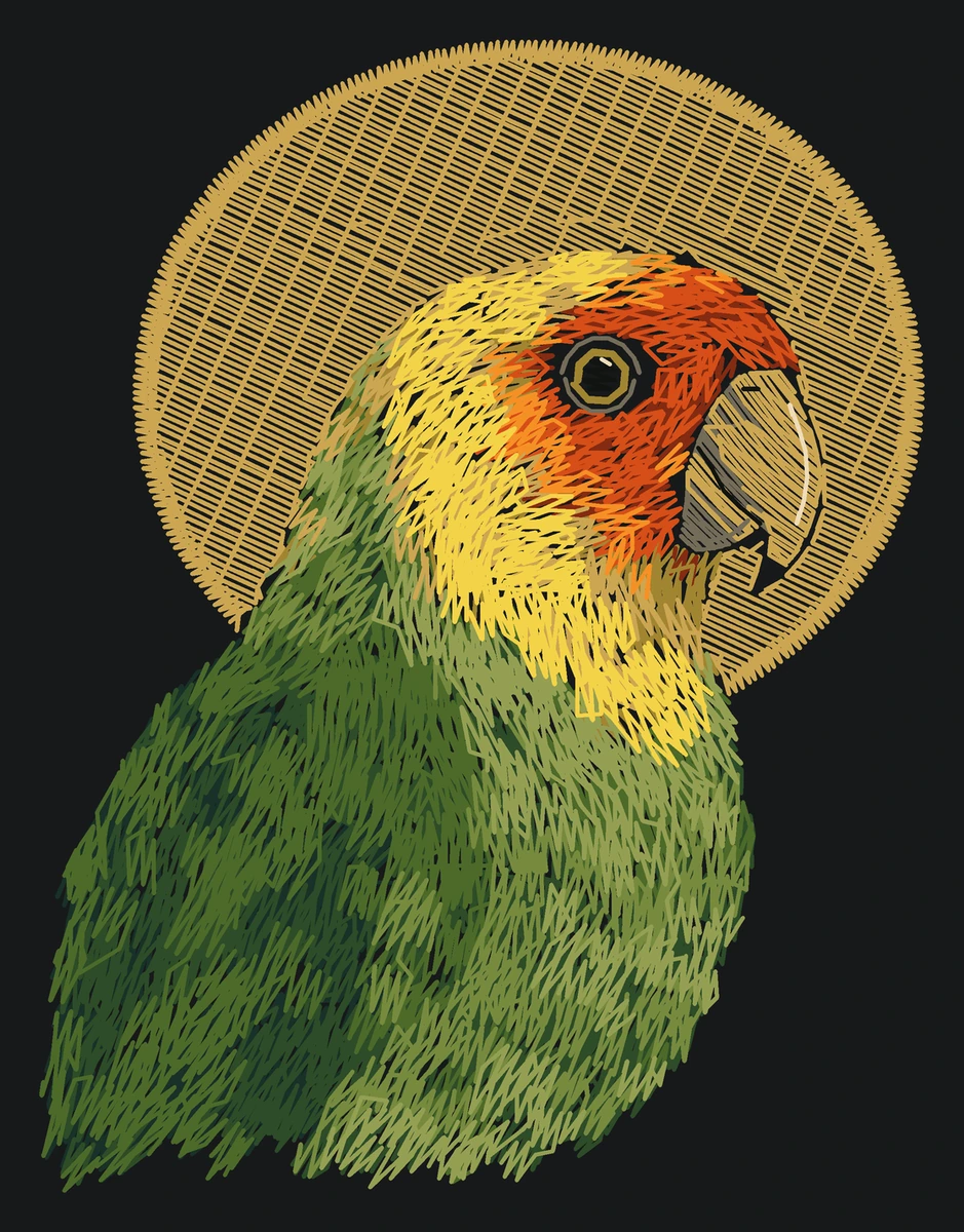 Current adult Carolina parakeet digitized embroidery study; not a sewn sample