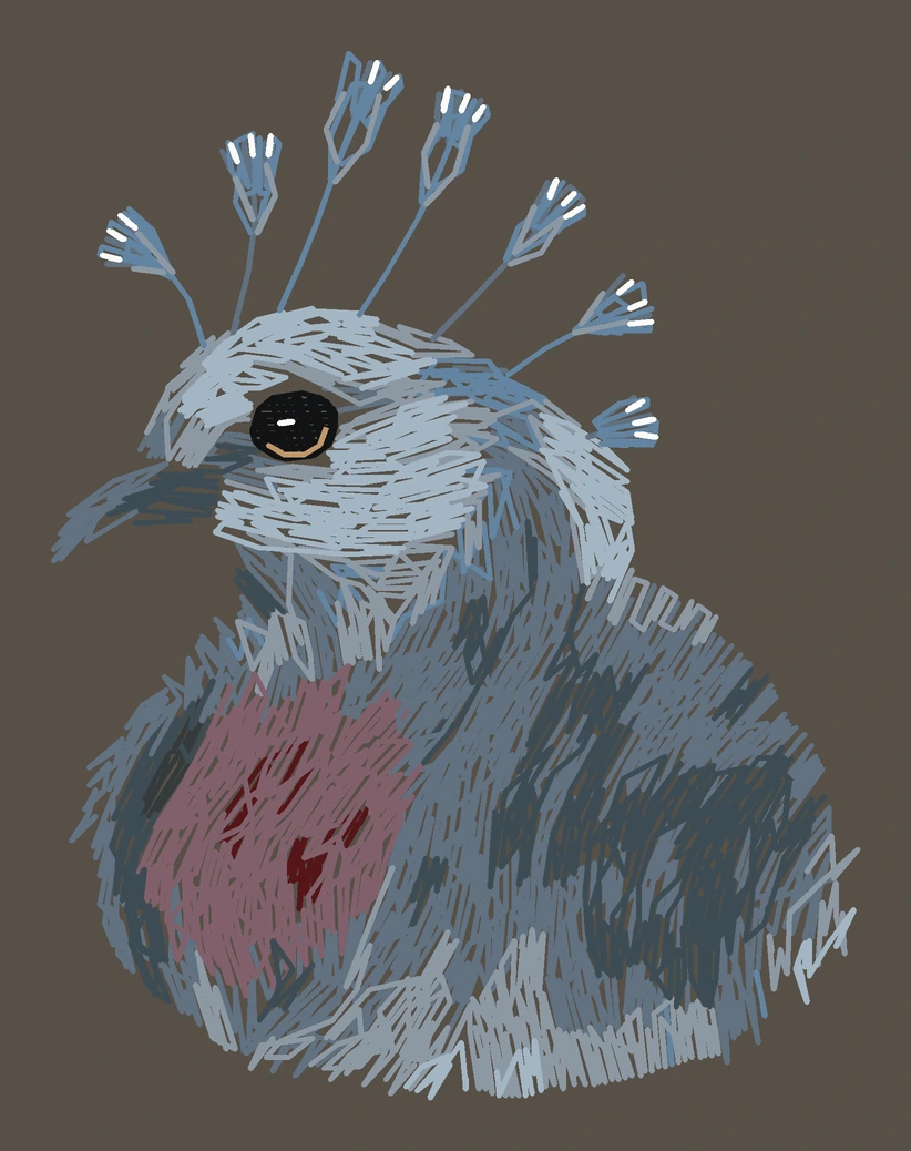 Current young Victoria crowned pigeon digitized embroidery study; not a sewn sample