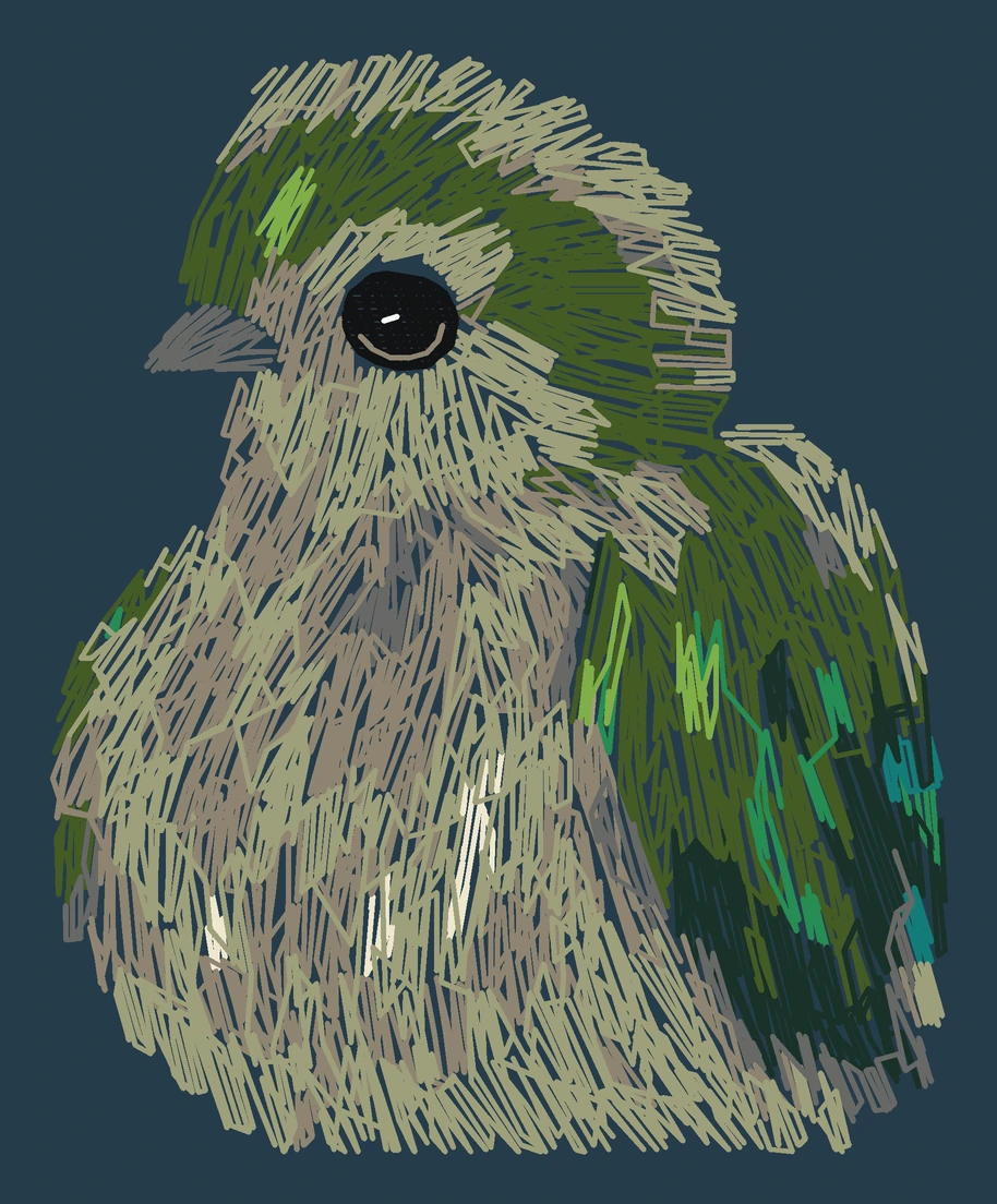 Current young Resplendent quetzal digitized embroidery study; not a sewn sample
