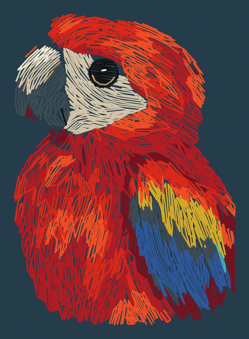 Current young Scarlet macaw digitized embroidery study; not a sewn sample