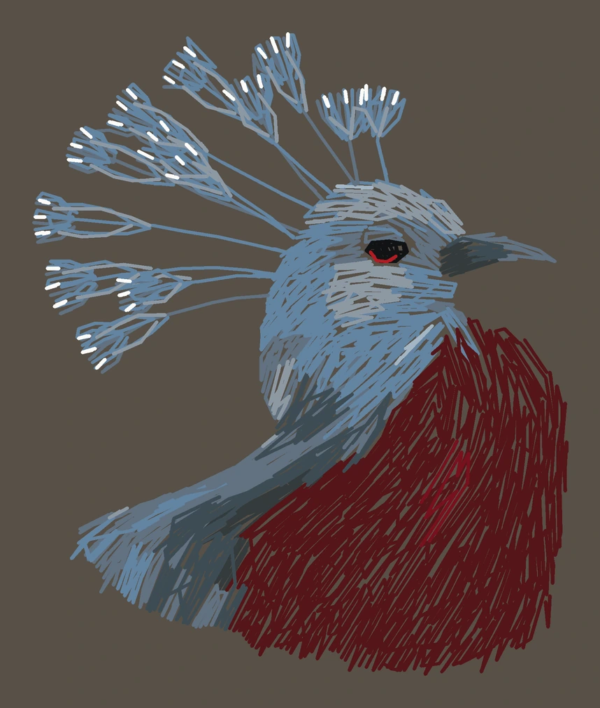 Current adult Victoria crowned pigeon digitized embroidery study; not a sewn sample