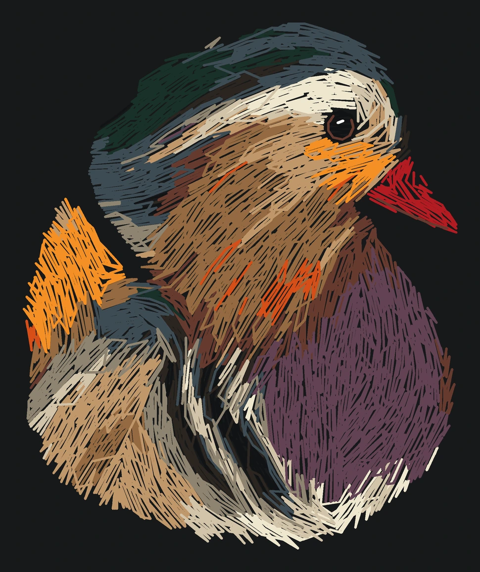 Current adult Mandarin duck digitized embroidery study; not a sewn sample