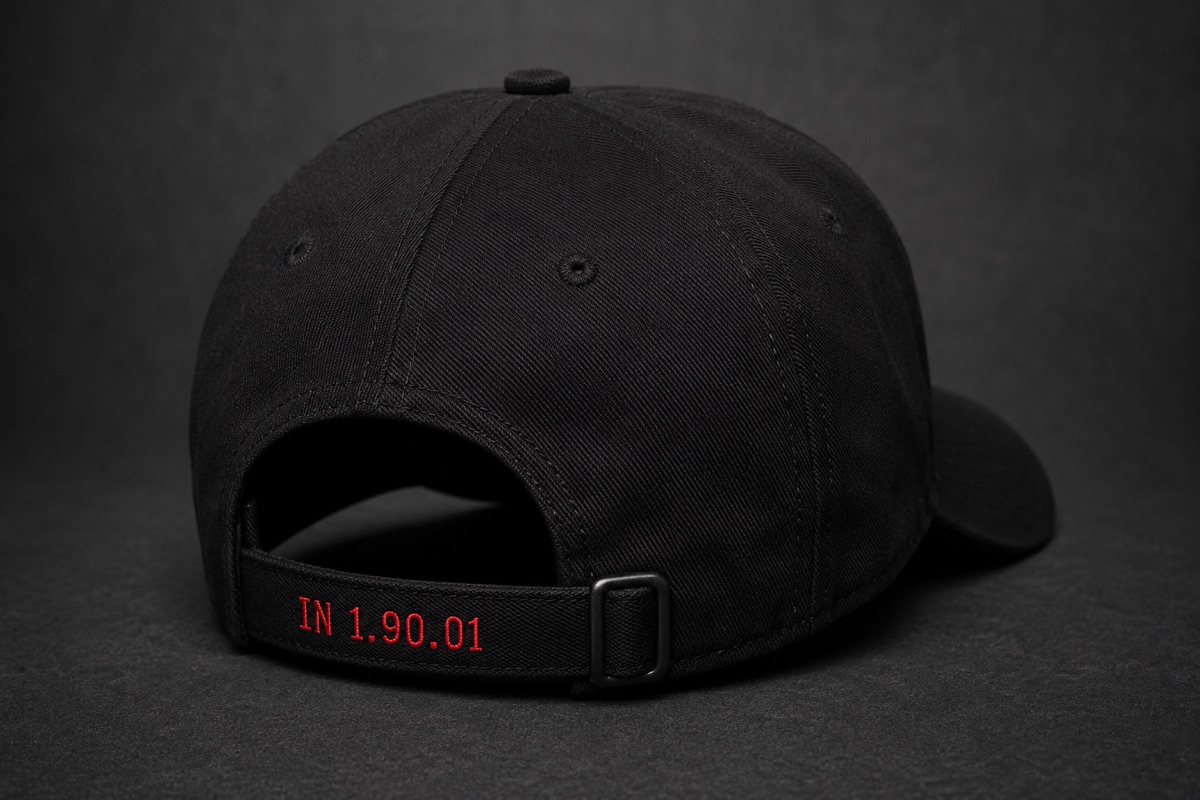 Cap strap embroidered IN 1.90.01 in red thread