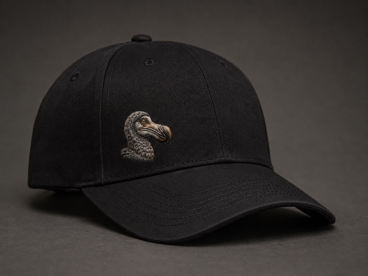 Black six-panel cap with a small embroidered dodo on the left front panel