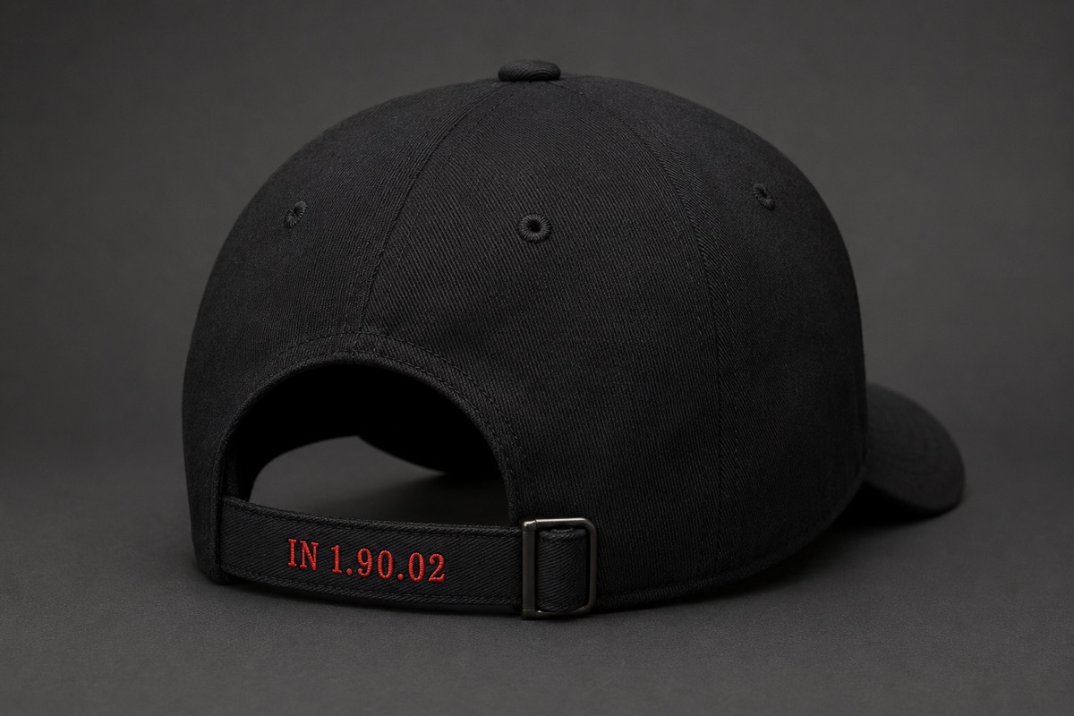 Cap strap embroidered IN 1.90.02 in red thread