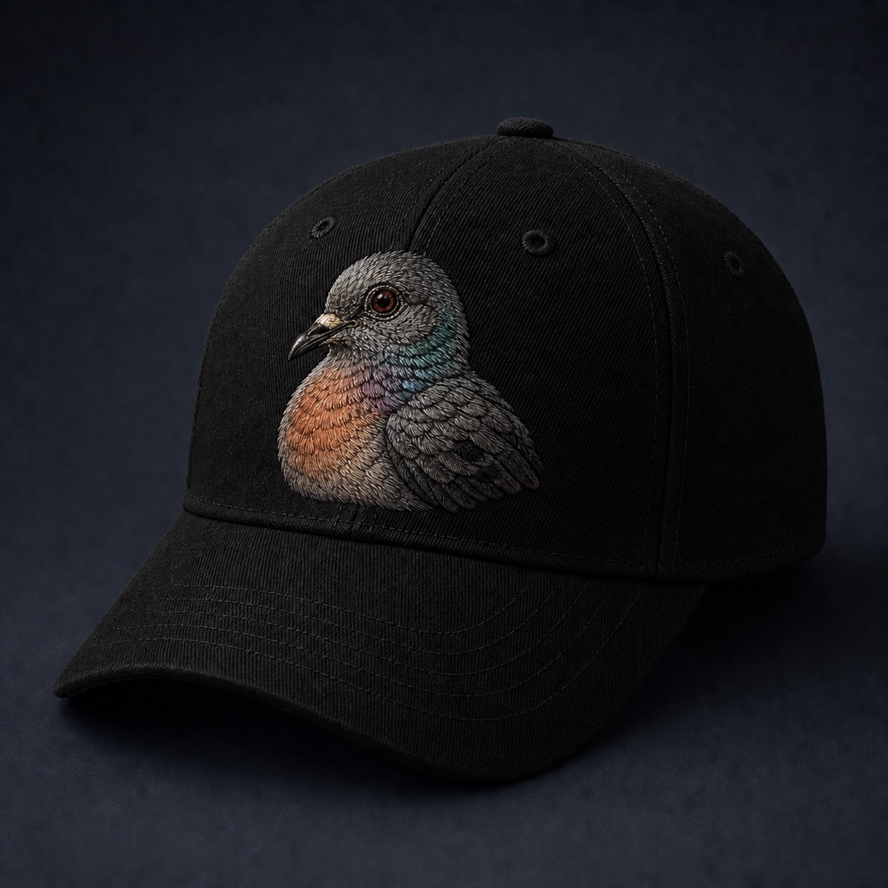 Black cap with a large passenger pigeon squab emblem