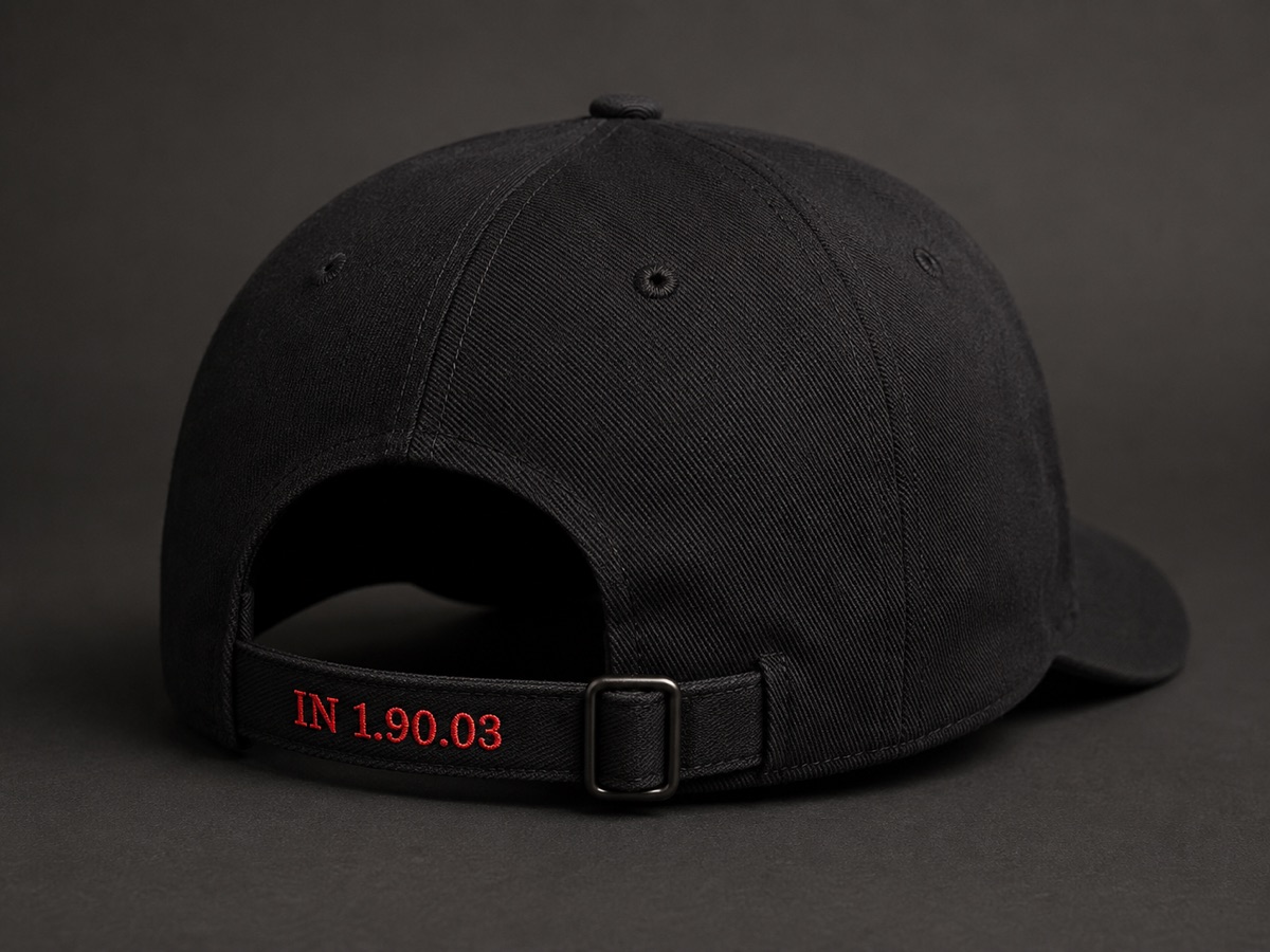 Cap strap embroidered IN 1.90.03 in red thread