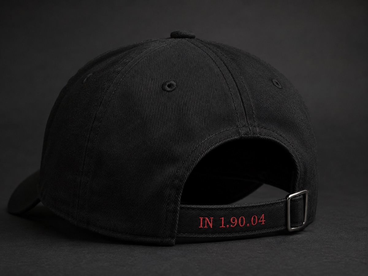 Cap strap embroidered IN 1.90.04 in red thread