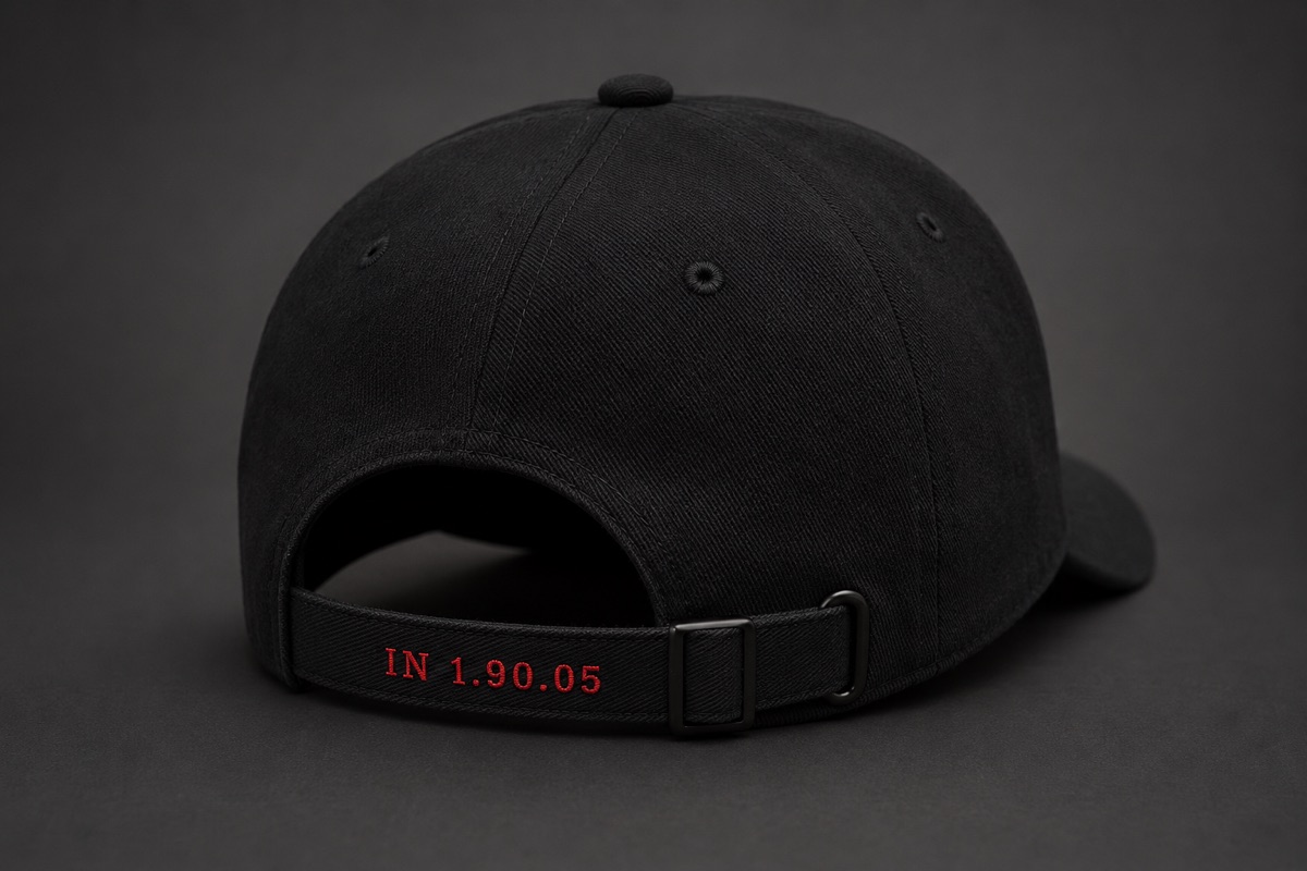 Cap strap embroidered IN 1.90.05 in red thread