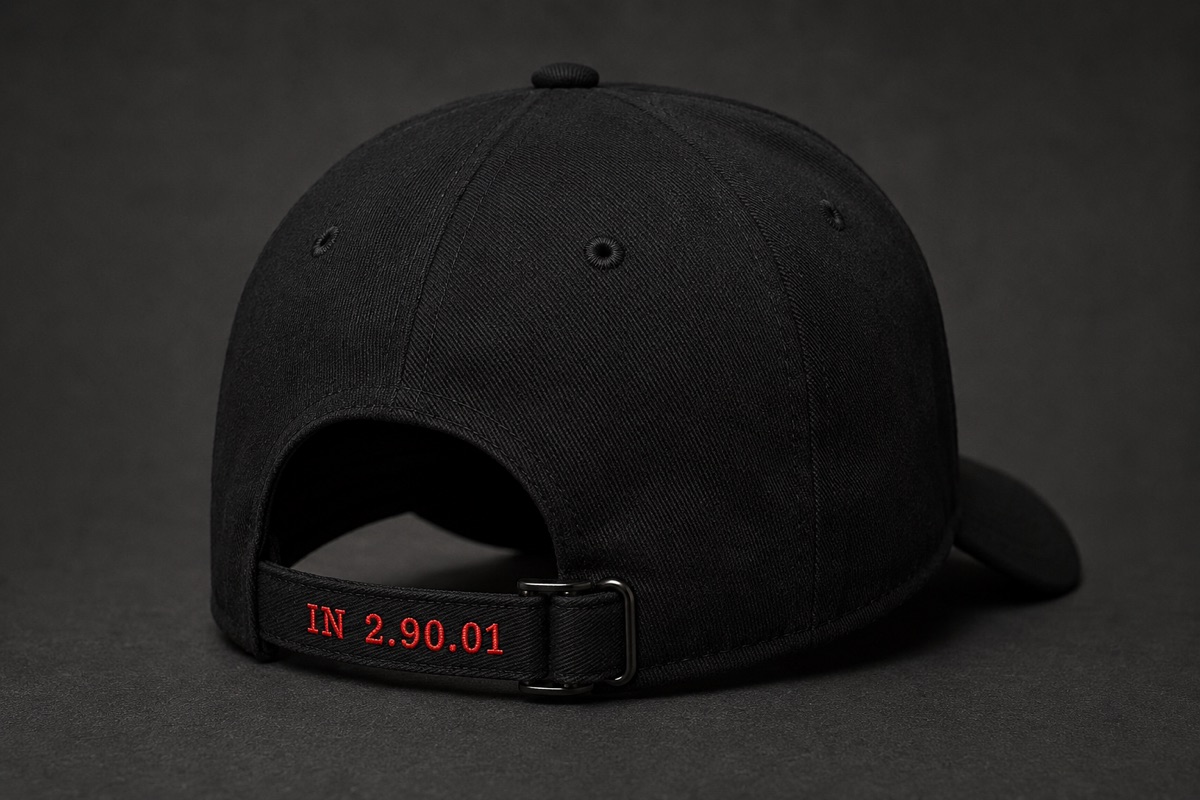 Cap strap embroidered IN 2.90.01 in red thread