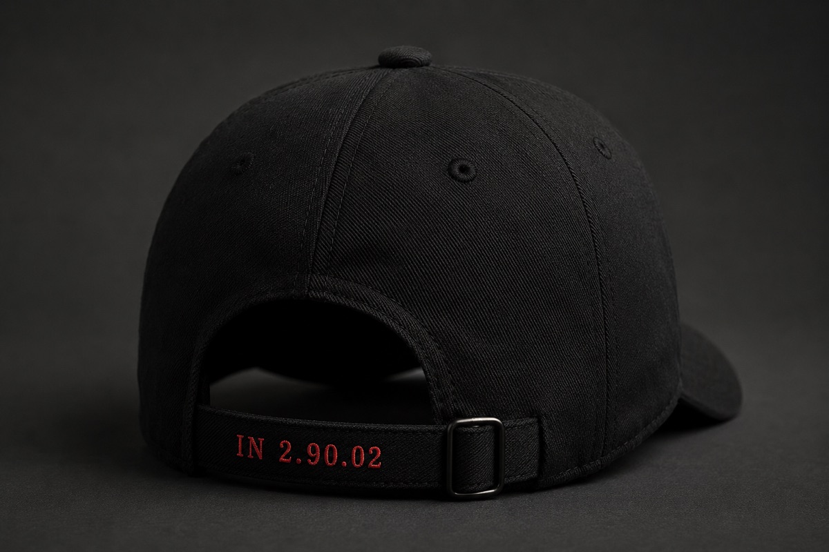Cap strap embroidered IN 2.90.02 in red thread