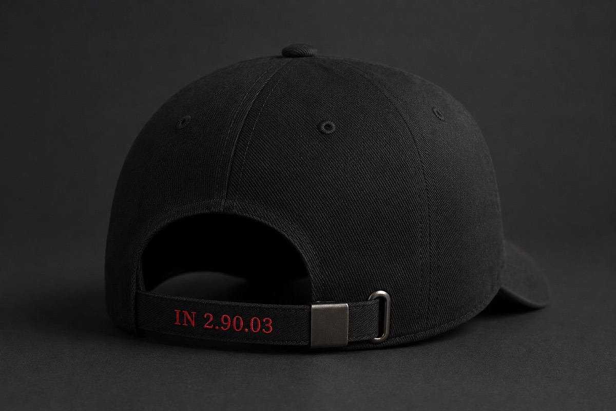 Cap strap embroidered IN 2.90.03 in red thread